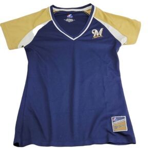 M MILWAUKEE BREWERS MAJESTIC vintage style V NECK blue gold SHIRT TOP medium